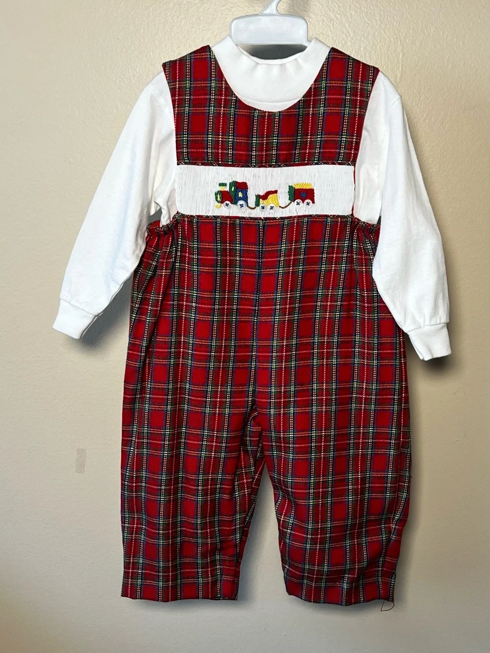 Vintage Classic Red Tarten Plaid Smocked Kids Romper with Train Embroidery
